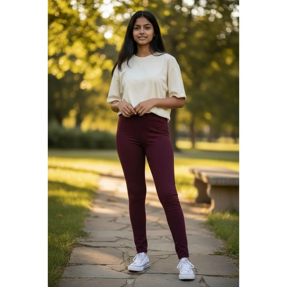 Burgundy Solid Leggings Kids Girls Maroon Elastic Waist Full Length Pants